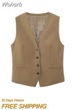 2023 Women Summer Vests Coats Casual Solid Sleeveless V-Neck Single Breasted Waistcoat Female Elegant OL Vest Clothing-Outfit