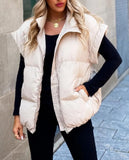 New Women's Solid Color Zipper Pocket Cotton Vest Fashion Collar Temperament Commuting