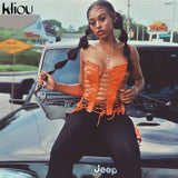 Kliou Hollow Out Bandage Faux Leather PU Tank Top Women 2021 Solid Streetwear Backless Sleeveless Sexy Party Clubwear