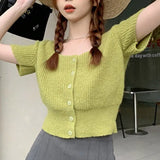 Woherb Spring And Summer New Korean Version Short Short Sleeve Jacket Female Small U Collar South Korea East Gate Thin Knit Cardigan-Outfit
