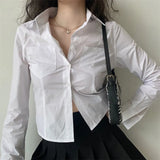 Spring All-Match White Women's Shirt Korean Style Button Up Long Sleeve Blouse Ladies Sexy Slim Fit Pockets Short Shirts-Outfit
