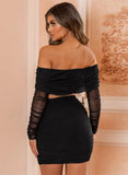 Sexy Mesh Ruched Off Shoulder Long Sleeve Cropped Top and Mini Pencil Skirts 2 Piece