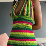 Style Knitted Dress Chic Women Summer Sexy Backless Deep V-neck Halter Dress Y2K Streetwear Vacation Casual