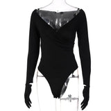 Solid Deep V Neck Pleated Long Sleeves With Golves Bodysuit 2021 Fall Winter Women Outfits Party Club