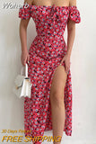 Elegant Off Shoulder Floral Print Dresses For Women 2023 Sexy Short Sleeve A-Line Split Midi Dress Party Dress Vestidos-Outfit