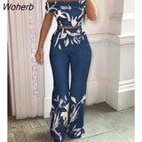 2 Piece Set Women Fashio Print Slash Neck Short-sleeved Top High-waisted Wide-leg Pants Suit Women 2 Piece Suit-Outfit