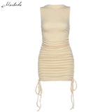 Summer Solid Casual Vacation Slim Dress Women Knitting O Neck Sleeveless Fashion Skinny Lady Mini Wrap Dress