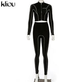 kliou women 2 pieces set fitness tracksuit long sleeve zipper crop top+leggings fashion reflective letters sportswear