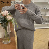 Sweater and High Waist Skirt Women Winter Thicken Knitted 2 Piece Sets Korean Apricot Elegant Woolen Two Piece Sets