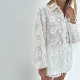 Woherb Suit 2024 Spring Autumn New Fashion Cotton Embroidered See-Through Shirt High Waist Shorts-Outfit