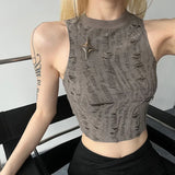 Woherb Summer New Women's Fashion Trend Round Collar Sleeveless Waist Crop Hollow Out Small Vest-Outfit