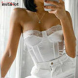 Strapless Lace Patchwork Tank Top Women Elegant Backless Women Summer Office Lady Cropped Tops 2020 Zipper Back