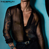 Men Solid Color Long Sleeve Lapel Shirt Fashion Breathable Thin Button Mens Clubwear Party Casual Sexy Blouse