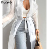Women Sheer Mesh Long Sleeve Buttoned Coat With Belt 2022 Femme Casual Long Sleeve Elegant Garb Office Lady Outfits y2k-Outfit