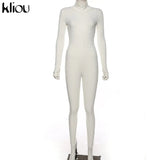 Kliou solid turtleneck full sleeve jumpsuits classic one piece women fitness slim rompers zipper long overall skinny