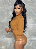 Khaki Sexy Turn-down Collar Full Sleeves Solid PU Leather Zippers Above Knee Skinny