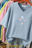 100% Cotton M-6XL T Shirt Heart Balloon Print Tshirt Short Sleeve Women's Top Summer Couple V Neck Oversized T Shirts-Outfit