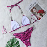 Woherb New Bikini, Sexy Snake Print Crystal Diamond Female Split Swimsuit Beach