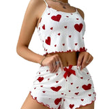 New 2025 Knitted Pit Strip Love Print Design Sweet Sling Shorts Pure Pyjamas