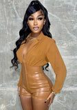 Khaki Sexy Turn-down Collar Full Sleeves Solid PU Leather Zippers Above Knee Skinny