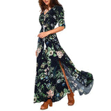 V-Neck Loose Long Print Summer Dress Women Elegant Casual Beach Dress Women Vacation Bohemian Short Sleeve Dresses 19138-Outfit