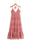 2023 Women Summer Strap Dress Fashion Print Halter Drawstring V-Neck Female Elegant Street Long Dresses Clothing-Outfit