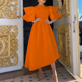 Summer Double-layer Ruffle Ruffled Sleeve Solid Color Wide Hem Dress