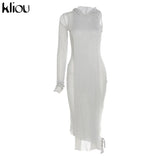 Kliou Knitted Dress Women Sexy See Through X-Long Hoody Tops+One Shoulder Drawstring Ruched Robe Skirt Hipster Future