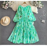 New Gentle Style Temperament Long-Sleeved Round Recipient Waist Thin Print Chiffon Big Swing Long Dress
