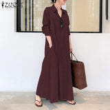 Solid Shirt Dress Women's Autumn Sundress 2022 ZANZEA Casual Long Sleeve Maxi Vestido Female Lapel Button Robe