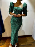 Elegant Sequins Boat Neck Puffed Sleeve Evening