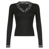 Woherb Pure Desire Sexy Wind Lace Splicing Base Long-Sleeved T-Shirt V-Neck Pure Color Slim Slim Joker Top-Outfit
