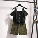 Summer Women Gothic Two Piece Sets Summer Sexy Safari Off Shoulder Zipper T Shirt Club Streetwear Shorts Female