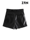 ZRN-Women's Faux Leather Shorts with Side Pockets, High Waist, Zipper Fly, Female Short Pants, Chic Fashion-Outfit