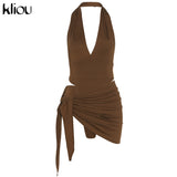 Kliou Solid Deep V sexy Two Piece Sets Midnight Club Halter Top And Skirt Backless Summer Partywear Hollow Out Ruched Women