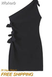 Solid Asymmetric Bow Tie Women's Mini Dress Slim Fitting Diagonal Collar Sleeveless Dresses 2023 Summer Lady Party Vestidos-Outfit