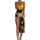 Fashion Women Two Piece Set Party Wear Solid U Neck Tank Top & High Slit Printed Skirt