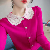 Winter Lace Patchwork Doll Collar Sweet Knitting Cardigan Lady Elegant Fashion All-match Buttons Sweater Top Women Coat-Outfit