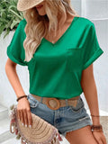 Women's Satin Satin V-Collar Pocket T-Shirt Curling Short-Sleeved Loose Casual Blouse-Outfit