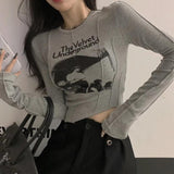 Fairy Grunge T Shirt Women Velvet Underground Print Tight Irregular Crop Top Dark Academia Gothic Clothes Emo