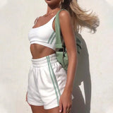 Drawstring Biker Shorts Sets Women Sportswear Halter Crop Top + Shorts Summer Athleisure Outfits Solid Two Piece