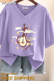 100% Cotton M-6XL T Shirt Chinese Lute Print Tshirt Short Sleeve Women's Top Summer Couple V Neck Oversized T Shirts-Outfit