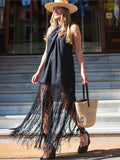 Solid Tassel Women's Maxi Dress Sexy Cross Hanging Neck Open Back Sleeveless Robes 2023 Summer Lady Party Chic Vestidos-Outfit