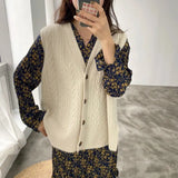 Breasted Women Sweater Vest Fashion Leisure Loose Retro V-neck All-match Elegant Warm Korean Style Daily Outwear Chic