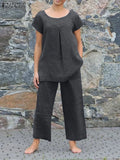 kaftan Women Solid Sets ZANZEA 2022 Casual Short Sleeve Blouses and Pocket Pants Female Loose Cotton Matching Sets