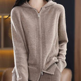 Woherb Zip Hooded Solid Knit Cardigan Women's 2024 New Pocket Wear Casual Loose Sweater Coat-Outfit