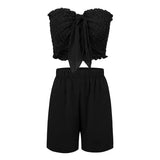 hirigin Women's 2pcs Boho Outfits Tie Front Shirred Back Strapless Slim Fit Crop Bandeau Tube Top+Loose Shorts Set