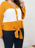 Color Blocking Casual V-neck Full Sleeves Knotted Regular Plus Size