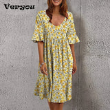 Loose Summer Dress Female O-Neck Short Sleeve Ruffle Party Dress Plus Size Casual Floral Print Boho Spring Dress