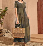 Woherb 2023 New Vintage Loose Waist Pocket Dress Casual Plaid Print Patchwork Women's Dress-Outfit